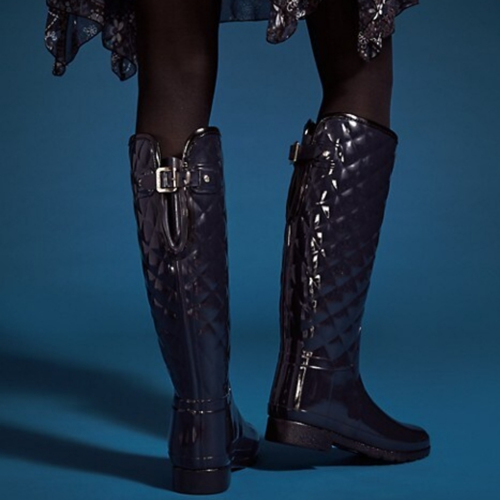 NIB Hunter Refined Gloss Quilt Tall Boot 8 Aubergine
